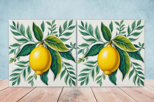 Italian Majolica Lemon Tiles - Set of 2 Italian Wall Decor Tiles - Kitchen Backsplash Tiles, Table Decorative Tiles, Bathroom Tiles, Coaster