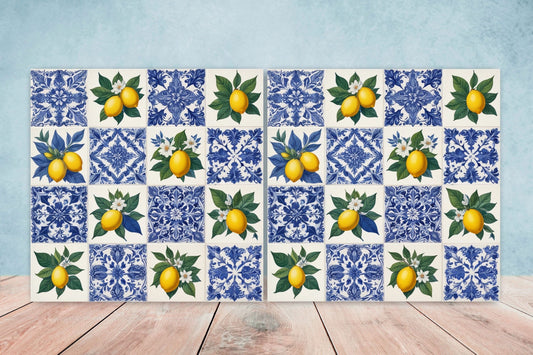 Italian Majolica Lemon Tiles - Set of 2 Italian Wall Decor Tiles - Kitchen Backsplash Tiles, Table Decorative Tiles, Bathroom Tiles, Coaster