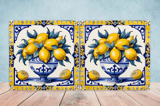 Italian Majolica Lemon Tiles - Set of 2 Italian Wall Decor Tiles - Kitchen Backsplash Tiles, Table Decorative Tiles, Bathroom Tiles, Coaster