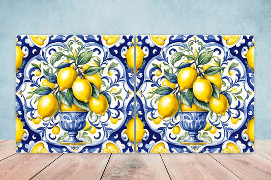 Italian Majolica Lemon Tiles - Set of 2 Italian Wall Decor Tiles - Kitchen Backsplash Tiles, Table Decorative Tiles, Bathroom Tiles, Coaster
