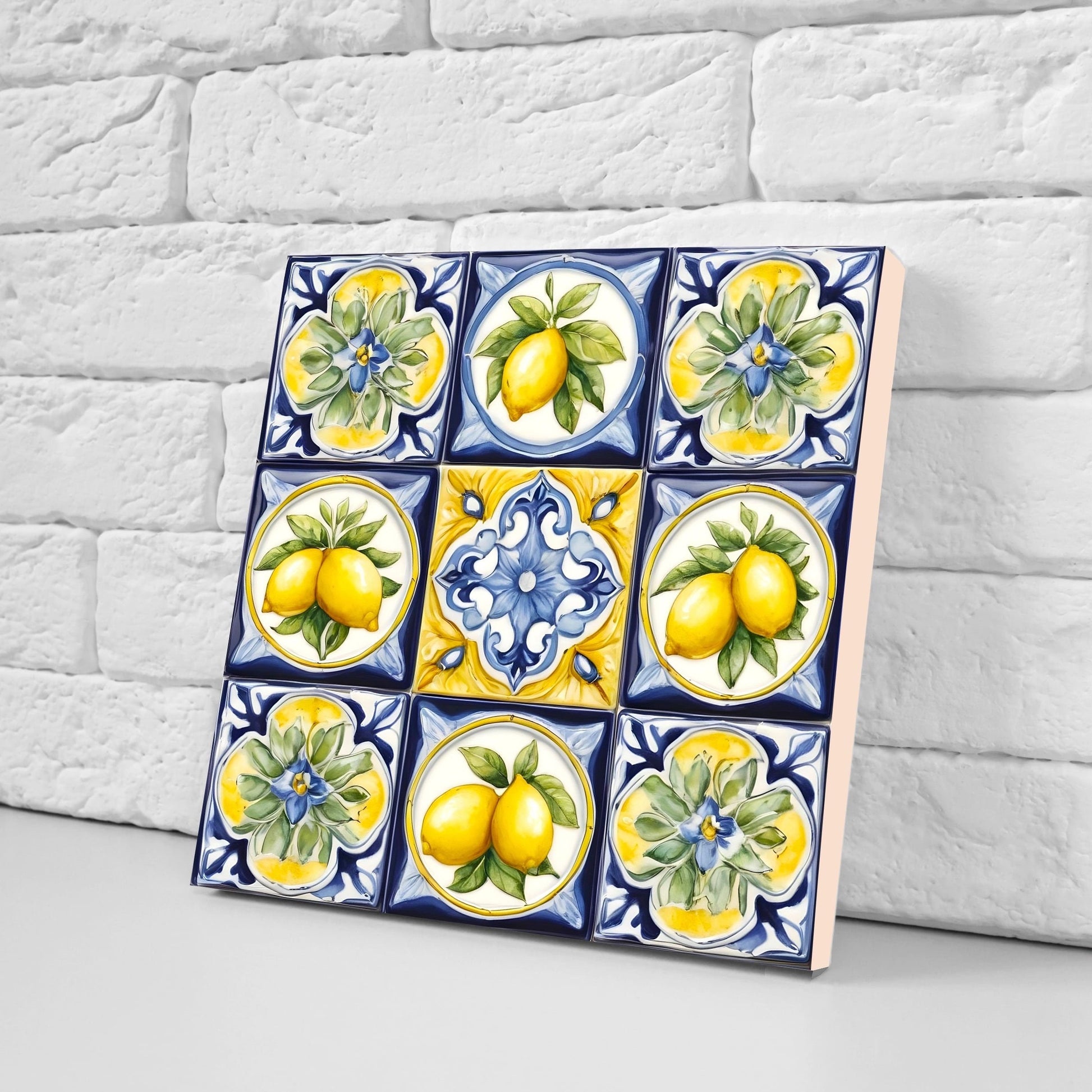 Italian Majolica Lemon Tiles - Set of 2 Italian Wall Decor Tiles - Kitchen Backsplash Tiles, Table Decorative Tiles, Bathroom Tiles, Coaster