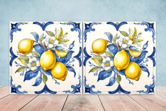 Italian Majolica Lemon Tiles - Set of 2 Italian Wall Decor Tiles - Kitchen Backsplash Tiles, Table Decorative Tiles, Bathroom Tiles, Coaster