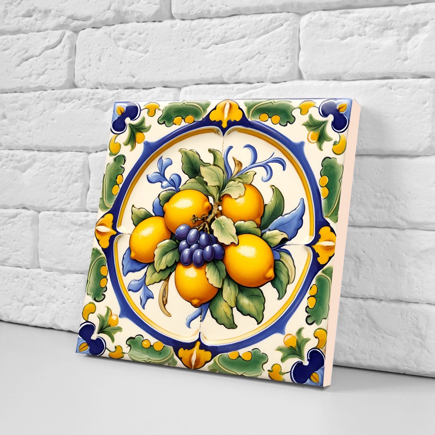 Italian Majolica Lemon Tiles - Set of 2 Italian Wall Decor Tiles - Kitchen Backsplash Tiles, Table Decorative Tiles, Bathroom Tiles, Coaster