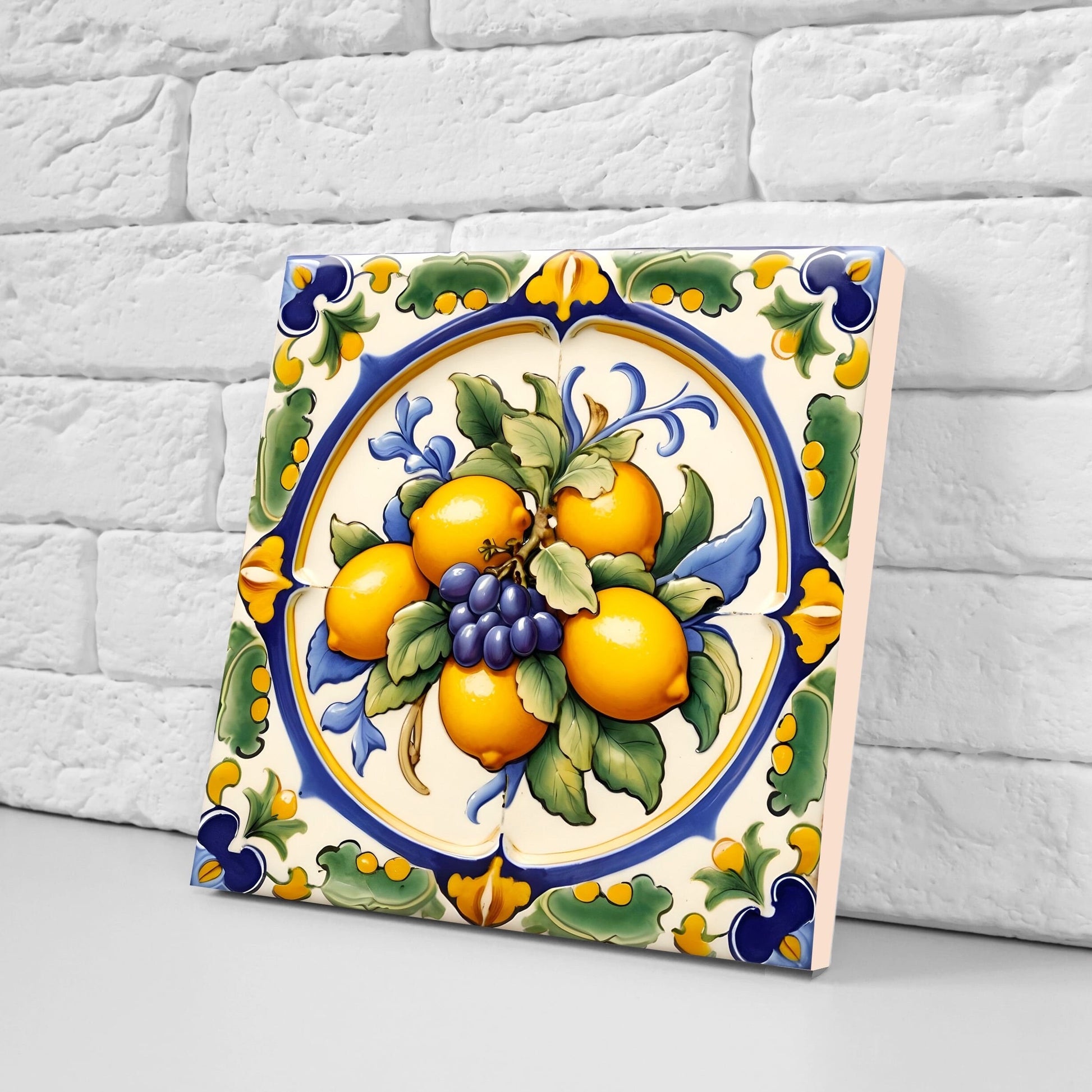 Italian Majolica Lemon Tiles - Set of 2 Italian Wall Decor Tiles - Kitchen Backsplash Tiles, Table Decorative Tiles, Bathroom Tiles, Coaster
