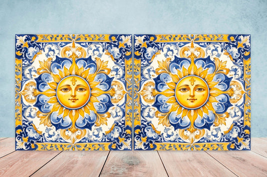 Italian Majolica Sun Tiles - Set of 2 Italian Wall Decor Tiles - Kitchen Backsplash Tiles, Table Decorative Tiles, Bathroom Tiles, Coaster