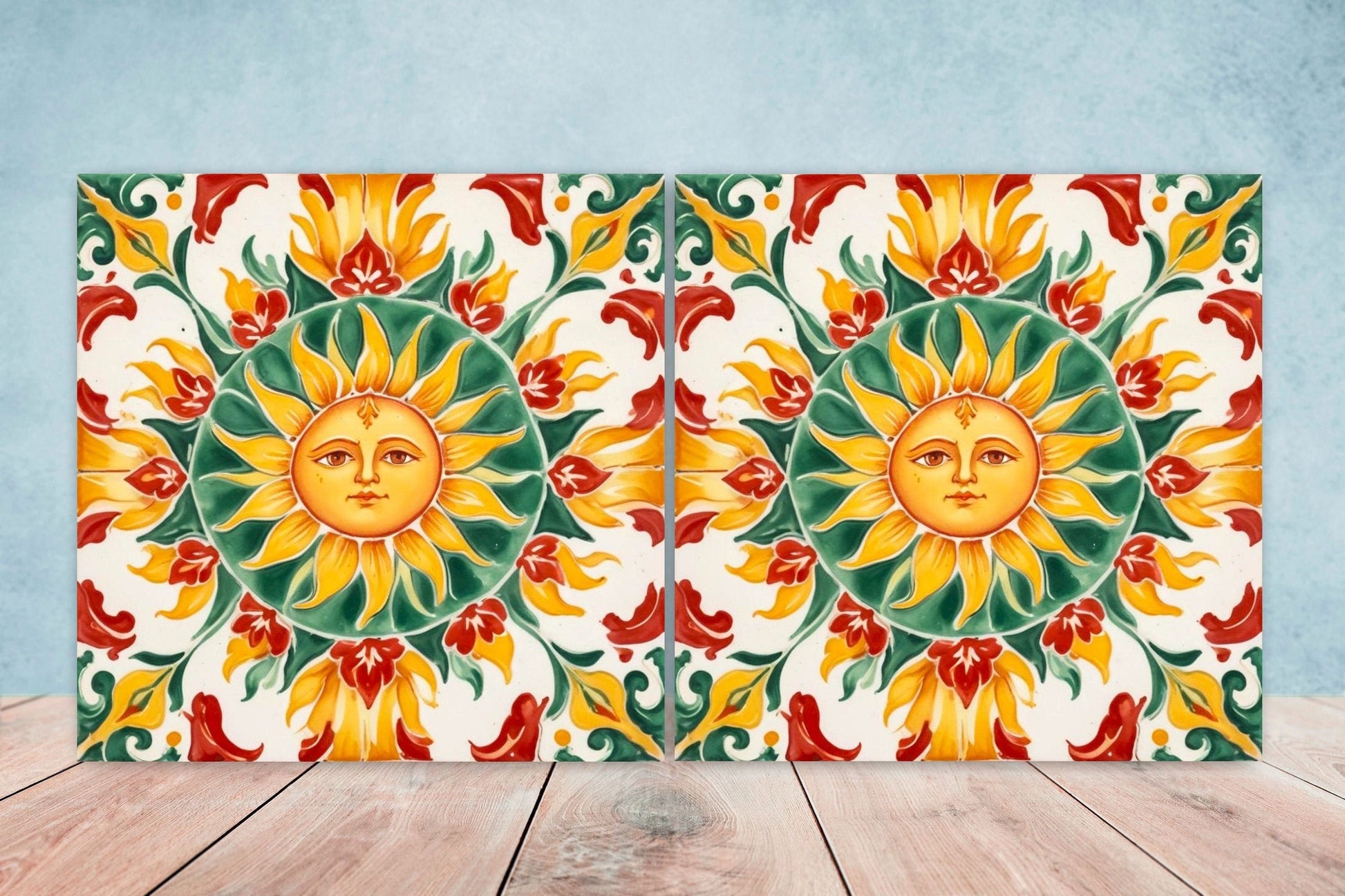 Italian Majolica Sun Tiles - Set of 2 Italian Wall Decor Tiles - Kitchen Backsplash Tiles, Table Decorative Tiles, Bathroom Tiles, Coaster