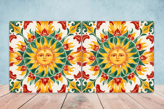 Italian Majolica Sun Tiles - Set of 2 Italian Wall Decor Tiles - Kitchen Backsplash Tiles, Table Decorative Tiles, Bathroom Tiles, Coaster