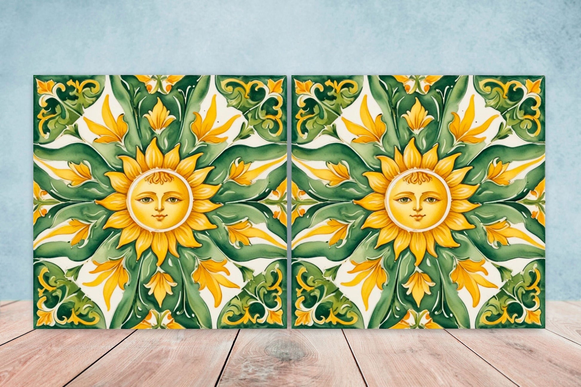Italian Majolica Sun Tiles - Set of 2 Italian Wall Decor Tiles - Kitchen Backsplash Tiles, Table Decorative Tiles, Bathroom Tiles, Coaster
