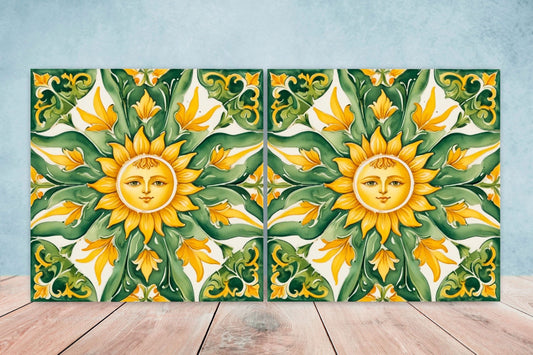 Italian Majolica Sun Tiles - Set of 2 Italian Wall Decor Tiles - Kitchen Backsplash Tiles, Table Decorative Tiles, Bathroom Tiles, Coaster