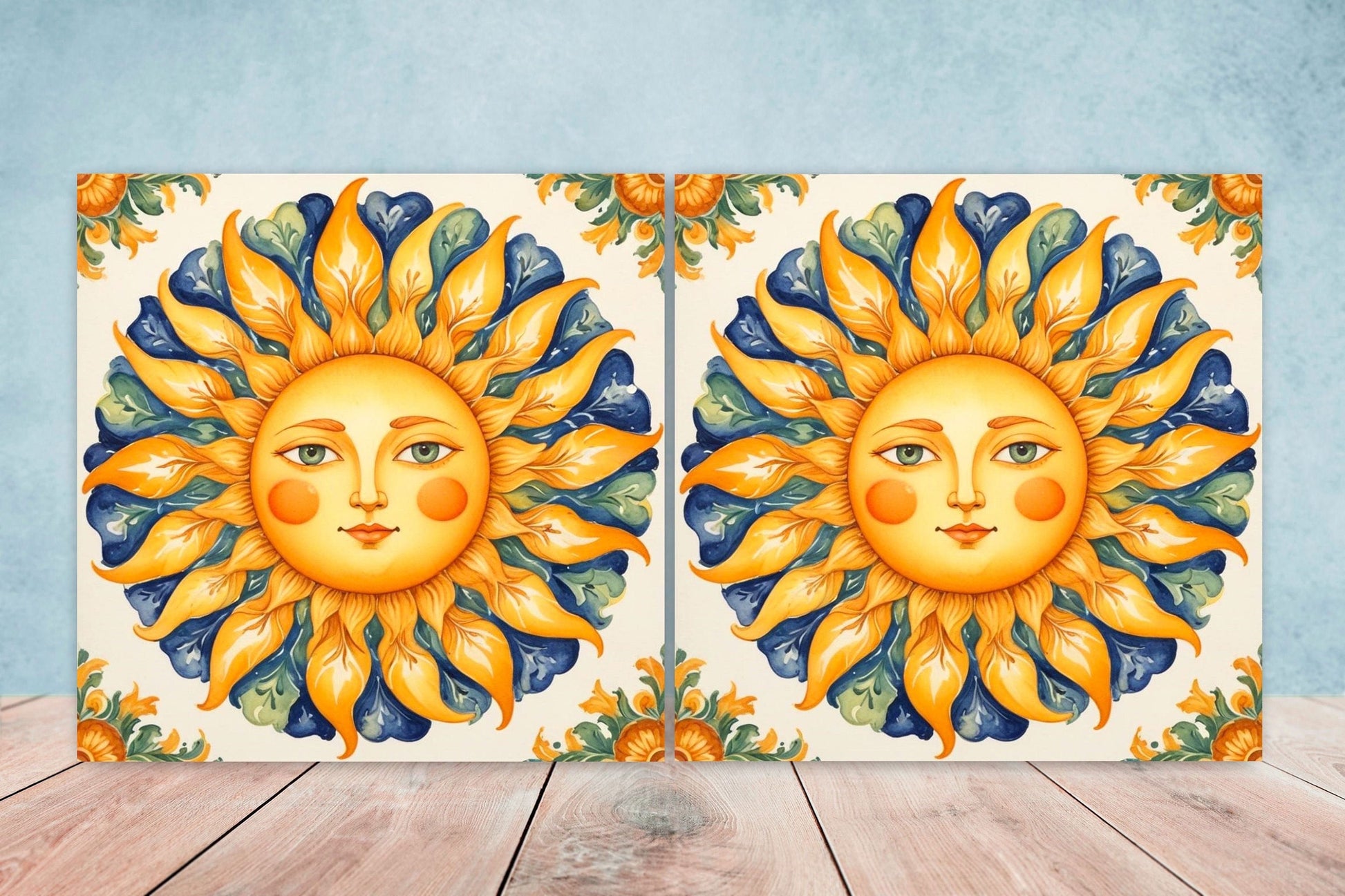 Italian Majolica Sun Tiles - Set of 2 Italian Wall Decor Tiles - Kitchen Backsplash Tiles, Table Decorative Tiles, Bathroom Tiles, Coaster