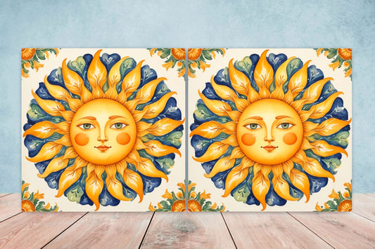 Italian Majolica Sun Tiles - Set of 2 Italian Wall Decor Tiles - Kitchen Backsplash Tiles, Table Decorative Tiles, Bathroom Tiles, Coaster