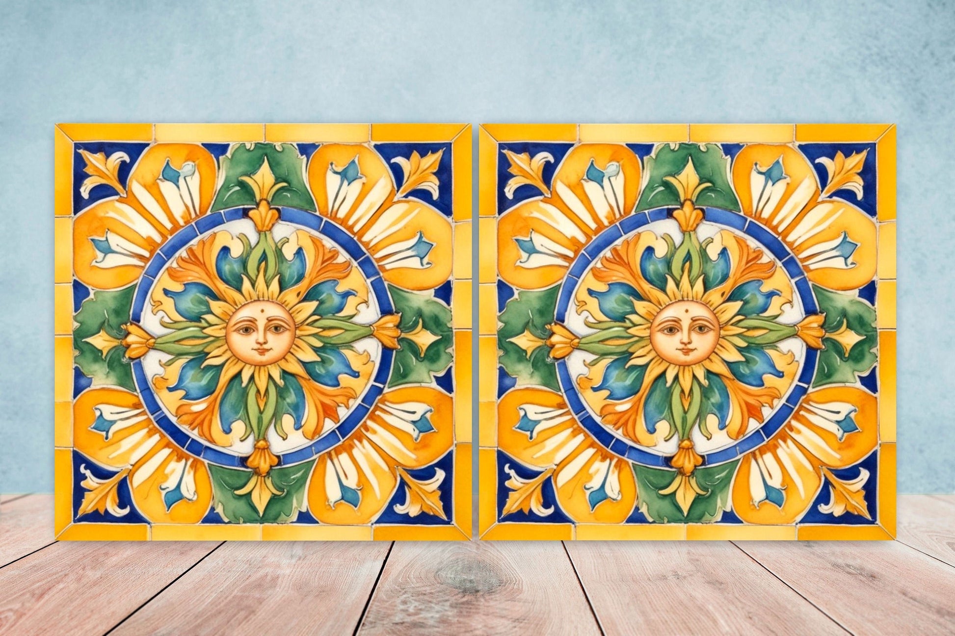 Italian Majolica Sun Tiles - Set of 2 Italian Wall Decor Tiles - Kitchen Backsplash Tiles, Table Decorative Tiles, Bathroom Tiles, Coaster
