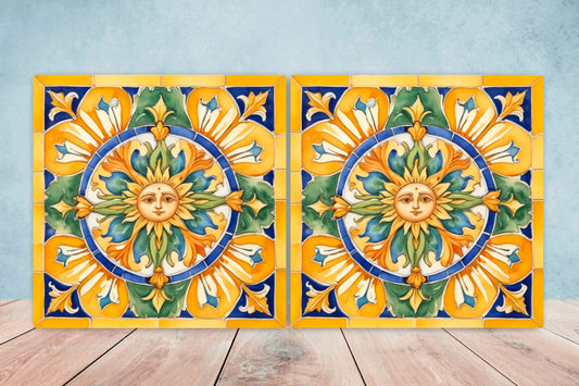 Italian Majolica Sun Tiles - Set of 2 Italian Wall Decor Tiles - Kitchen Backsplash Tiles, Table Decorative Tiles, Bathroom Tiles, Coaster