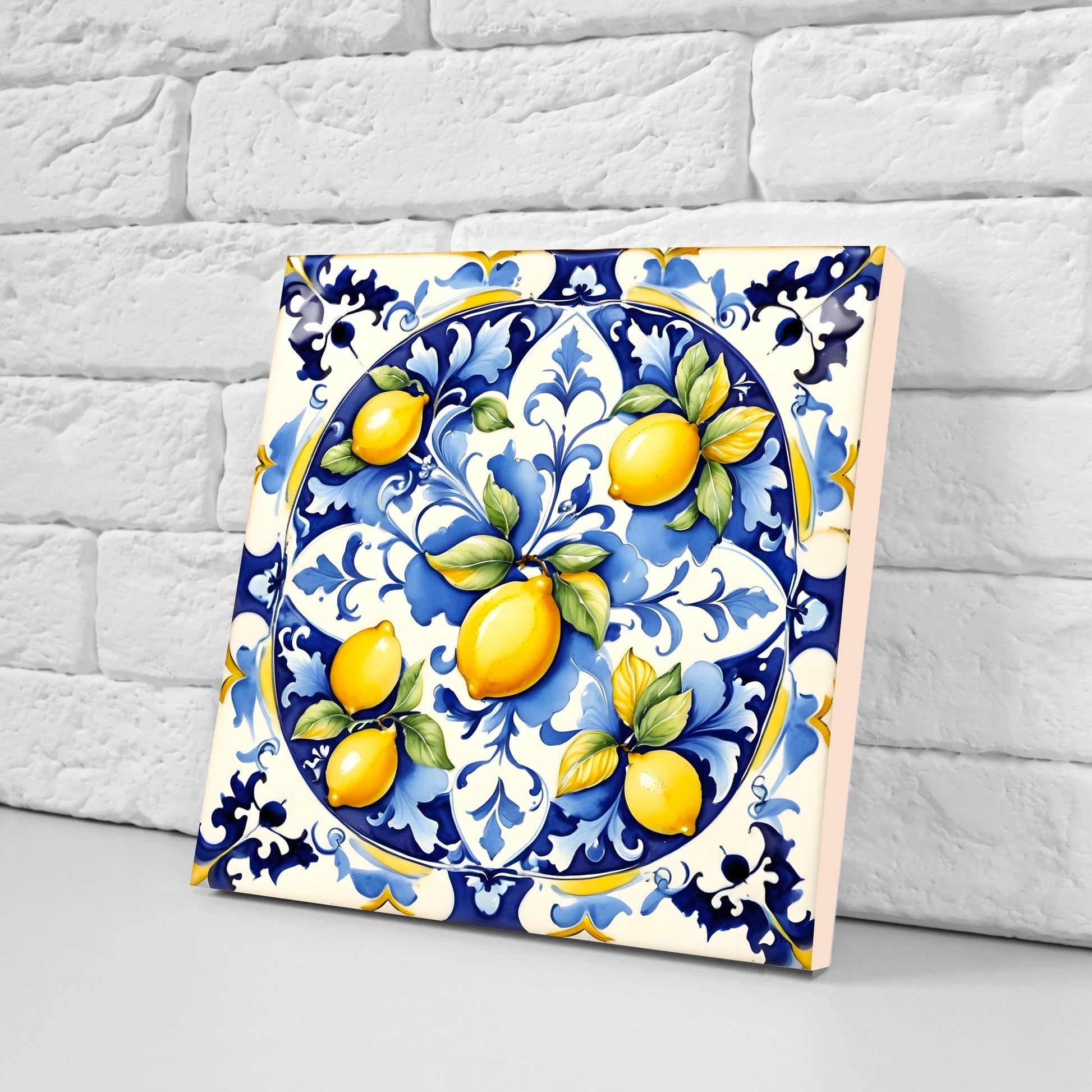 Italian Majolica Lemon Tiles - Set of 2 Italian Wall Decor Tiles - Kitchen Backsplash Tiles, Table Decorative Tiles, Bathroom Tiles, Coaster