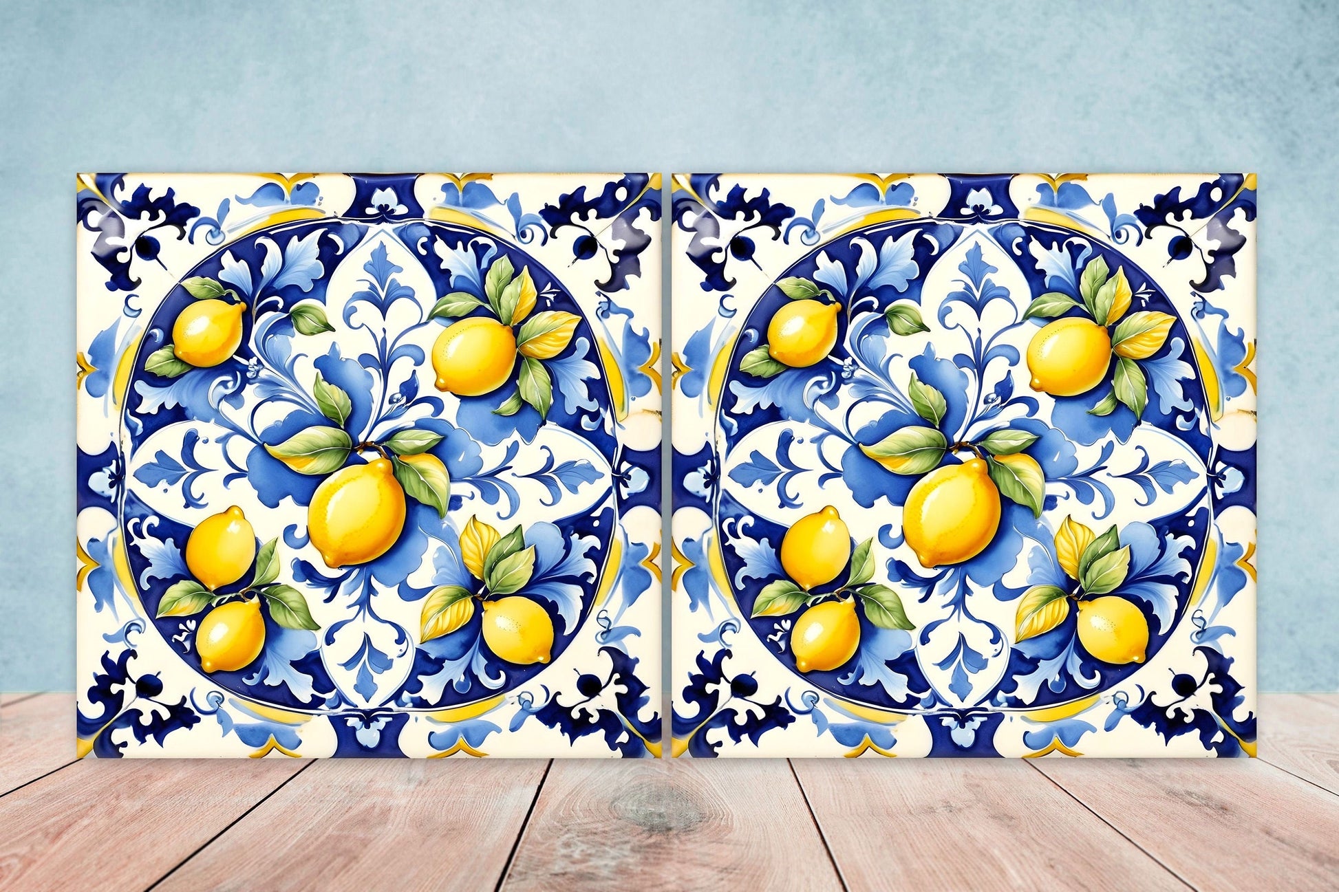 Italian Majolica Lemon Tiles - Set of 2 Italian Wall Decor Tiles - Kitchen Backsplash Tiles, Table Decorative Tiles, Bathroom Tiles, Coaster
