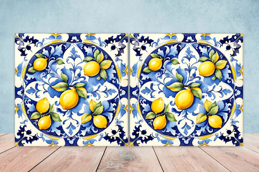 Italian Majolica Lemon Tiles - Set of 2 Italian Wall Decor Tiles - Kitchen Backsplash Tiles, Table Decorative Tiles, Bathroom Tiles, Coaster