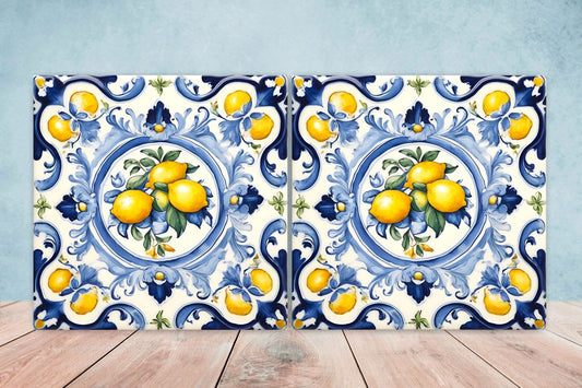 Italian Majolica Lemon Tiles - Set of 2 Italian Wall Decor Tiles - Kitchen Backsplash Tiles, Table Decorative Tiles, Bathroom Tiles, Coaster