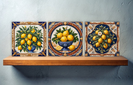 Italian Majolica Lemon Tiles - Set of 3 Italian Wall Decor Tiles - Kitchen Backsplash Tiles, Table Decorative Tiles, Bathroom Tiles, Coaster