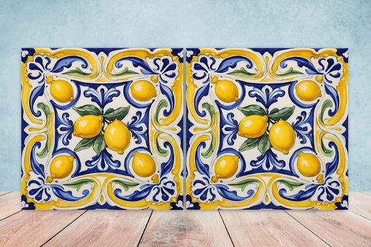 Italian Majolica Lemon Tiles - Set of 2 Italian Wall Decor Tiles - Kitchen Backsplash Tiles, Table Decorative Tiles, Bathroom Tiles, Coaster