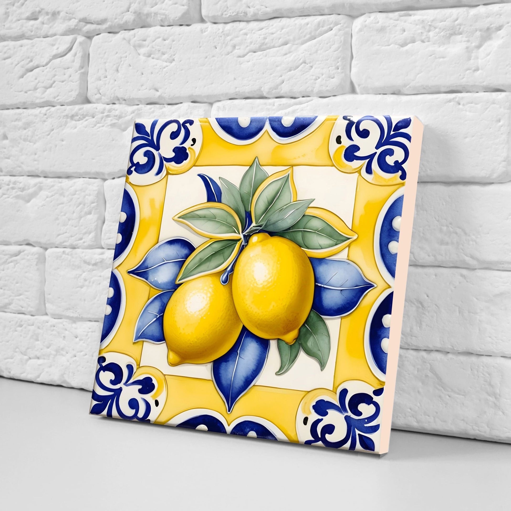 Italian Majolica Lemon Tiles - Set of 2 Italian Wall Decor Tiles - Kitchen Backsplash Tiles, Table Decorative Tiles, Bathroom Tiles, Coaster
