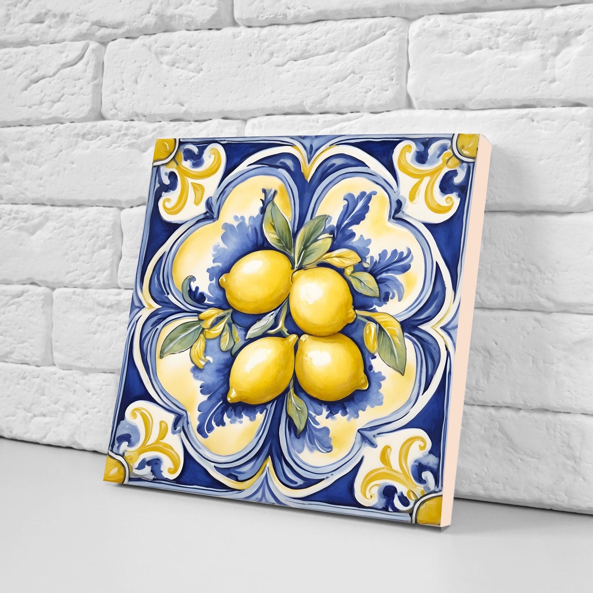Italian Majolica Lemon Tiles - Set of 2 Italian Wall Decor Tiles - Kitchen Backsplash Tiles, Table Decorative Tiles, Bathroom Tiles, Coaster