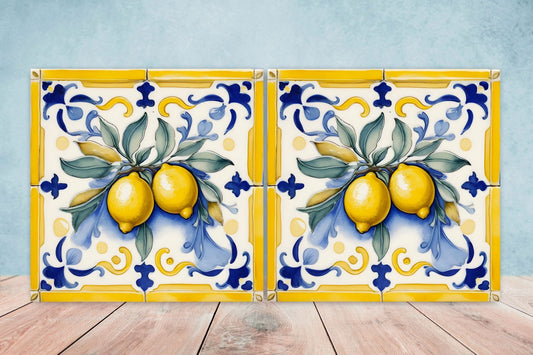 Italian Majolica Lemon Tiles - Set of 2 Italian Wall Decor Tiles - Kitchen Backsplash Tiles, Table Decorative Tiles, Bathroom Tiles, Coaster