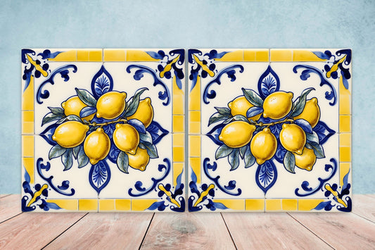 Italian Majolica Lemon Tiles - Set of 2 Italian Wall Decor Tiles - Kitchen Backsplash Tiles, Table Decorative Tiles, Bathroom Tiles, Coaster