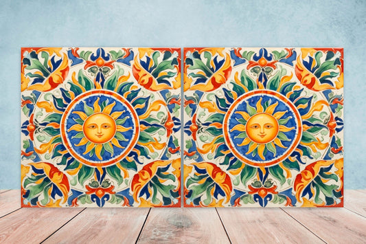 Italian Majolica Sun Tiles - Set of 2 Italian Wall Decor Tiles - Kitchen Backsplash Tiles, Table Decorative Tiles, Bathroom Tiles, Coaster