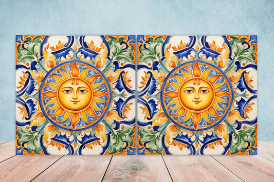Italian Majolica Sun Tiles - Set of 2 Italian Wall Decor Tiles - Kitchen Backsplash Tiles, Table Decorative Tiles, Bathroom Tiles, Coaster
