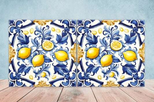 Italian Majolica Lemon Tiles - Set of 2 Italian Wall Decor Tiles - Kitchen Backsplash Tiles, Table Decorative Tiles, Bathroom Tiles, Coaster
