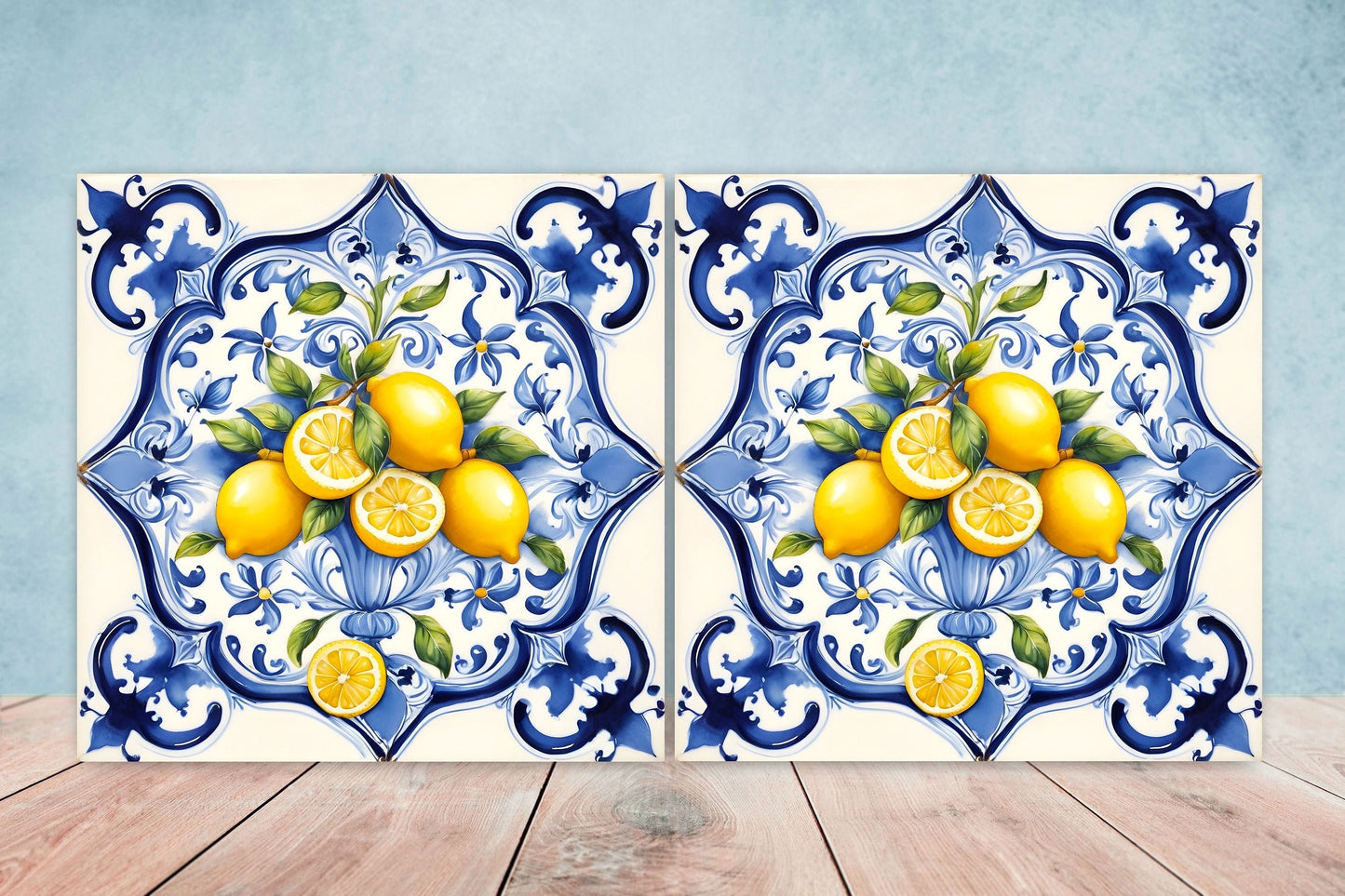 Italian Majolica Lemon Tiles - Set of 2 Italian Wall Decor Tiles - Kitchen Backsplash Tiles, Table Decorative Tiles, Bathroom Tiles, Coaster