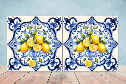 Italian Majolica Lemon Tiles - Set of 2 Italian Wall Decor Tiles - Kitchen Backsplash Tiles, Table Decorative Tiles, Bathroom Tiles, Coaster