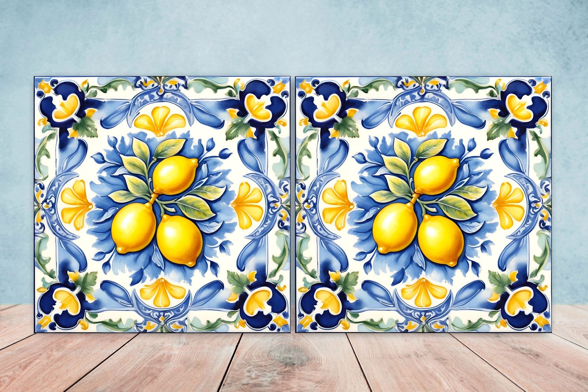 Italian Majolica Lemon Tiles - Set of 2 Italian Wall Decor Tiles - Kitchen Backsplash Tiles, Table Decorative Tiles, Bathroom Tiles, Coaster