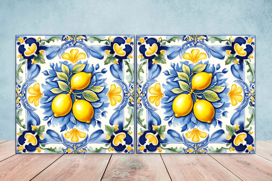 Italian Majolica Lemon Tiles - Set of 2 Italian Wall Decor Tiles - Kitchen Backsplash Tiles, Table Decorative Tiles, Bathroom Tiles, Coaster
