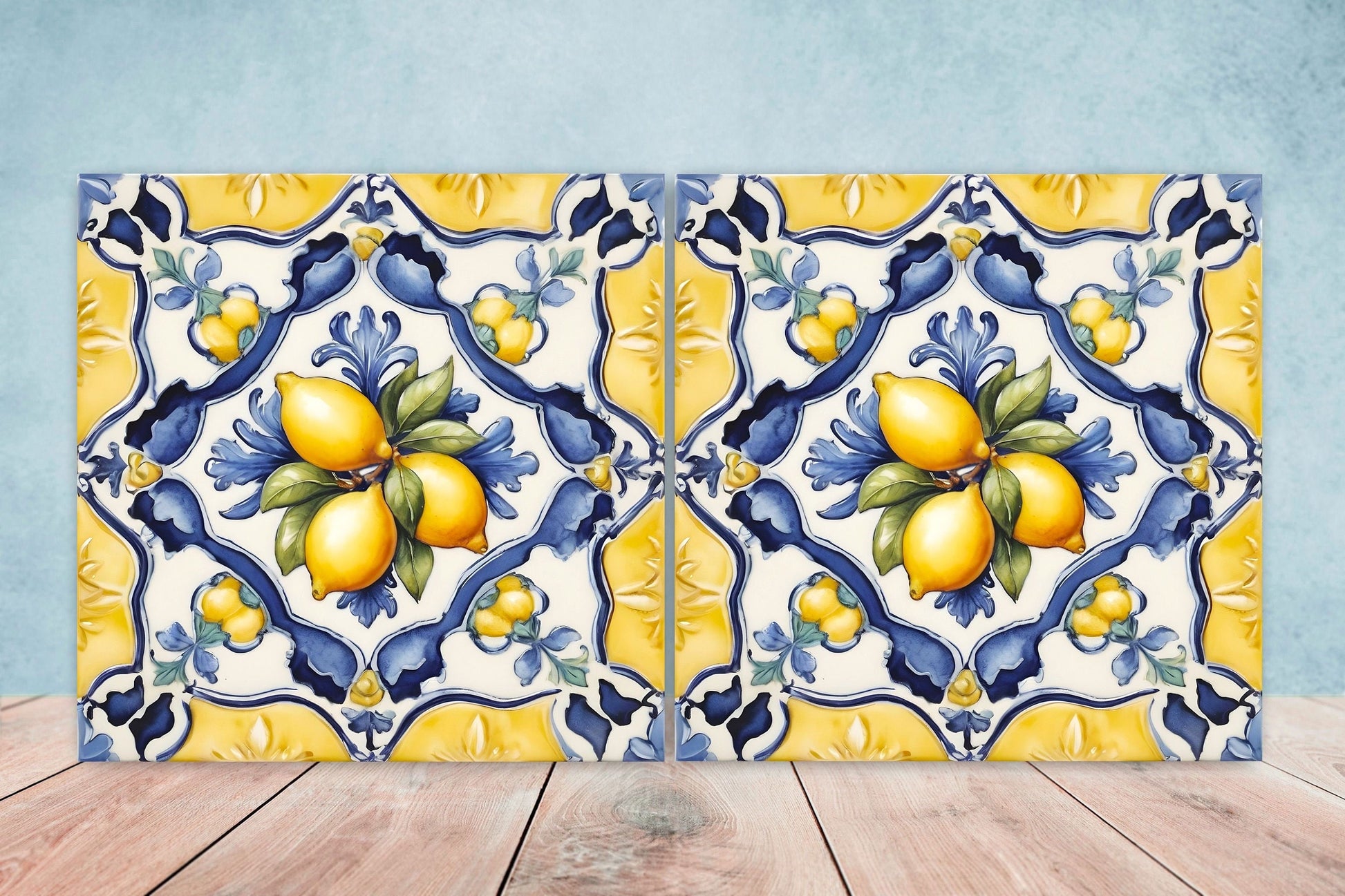 Italian Majolica Lemon Tiles - Set of 2 Italian Wall Decor Tiles - Kitchen Backsplash Tiles, Table Decorative Tiles, Bathroom Tiles, Coaster