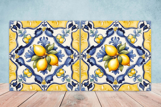 Italian Majolica Lemon Tiles - Set of 2 Italian Wall Decor Tiles - Kitchen Backsplash Tiles, Table Decorative Tiles, Bathroom Tiles, Coaster