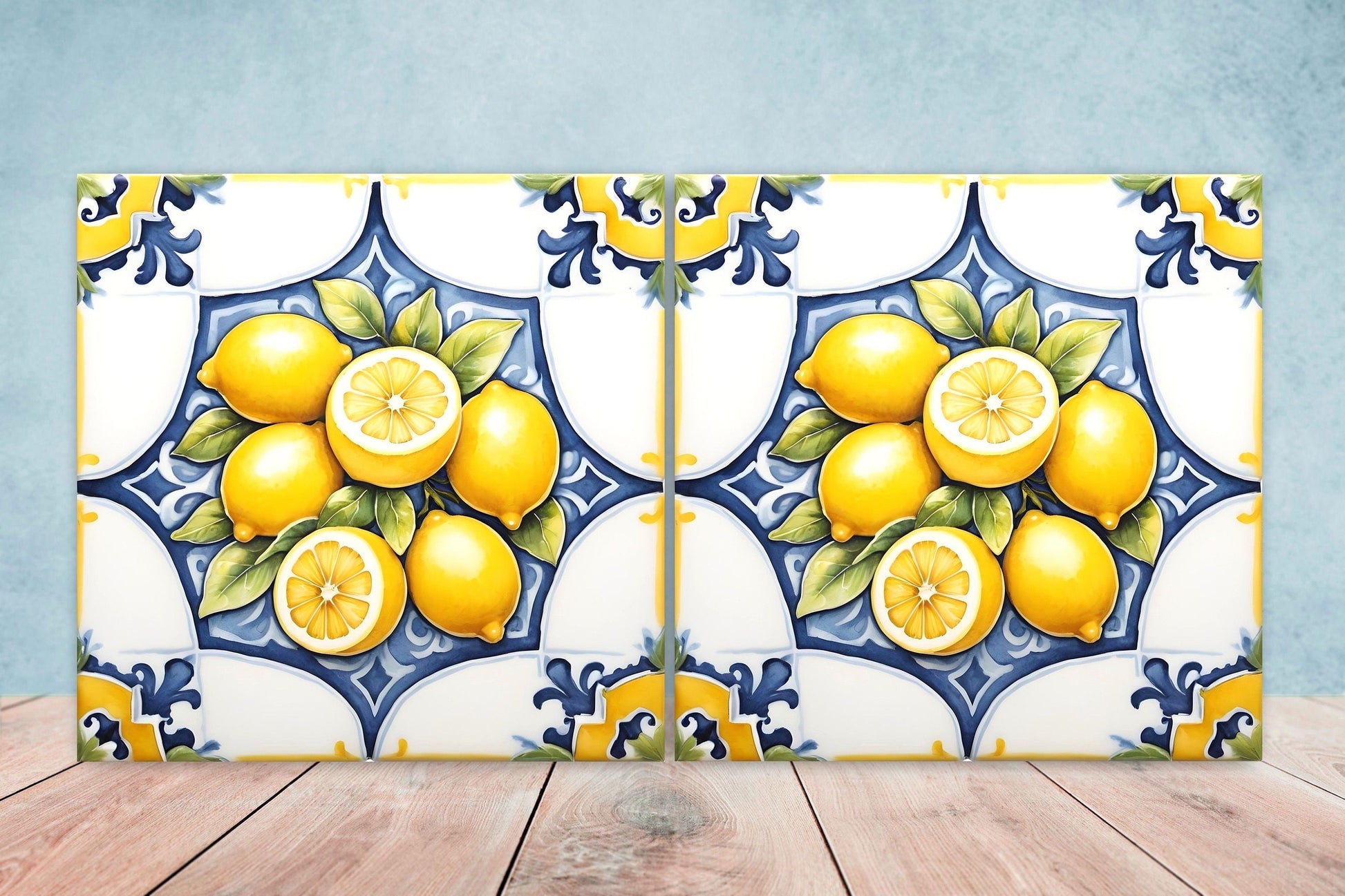 Italian Majolica Lemon Tiles - Set of 2 Italian Wall Decor Tiles - Kitchen Backsplash Tiles, Table Decorative Tiles, Bathroom Tiles, Coaster