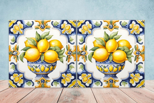 Italian Majolica Lemon Tiles - Set of 2 Italian Wall Decor Tiles - Kitchen Backsplash Tiles, Table Decorative Tiles, Bathroom Tiles, Coaster
