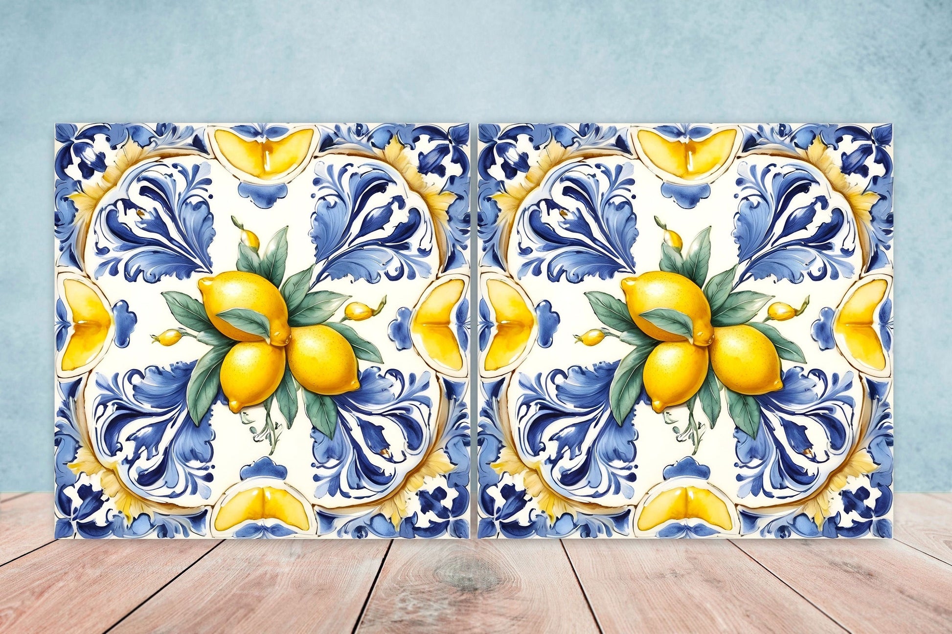 Italian Majolica Lemon Tiles - Set of 2 Italian Wall Decor Tiles - Kitchen Backsplash Tiles, Table Decorative Tiles, Bathroom Tiles, Coaster