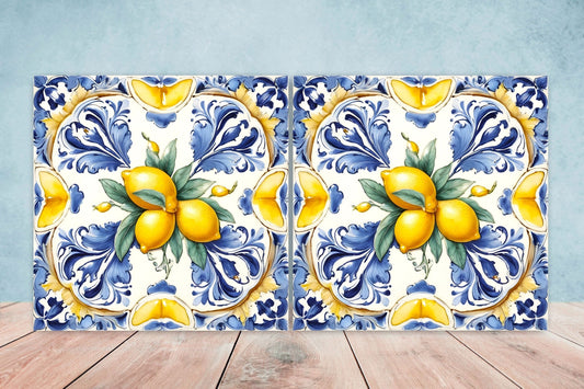 Italian Majolica Lemon Tiles - Set of 2 Italian Wall Decor Tiles - Kitchen Backsplash Tiles, Table Decorative Tiles, Bathroom Tiles, Coaster