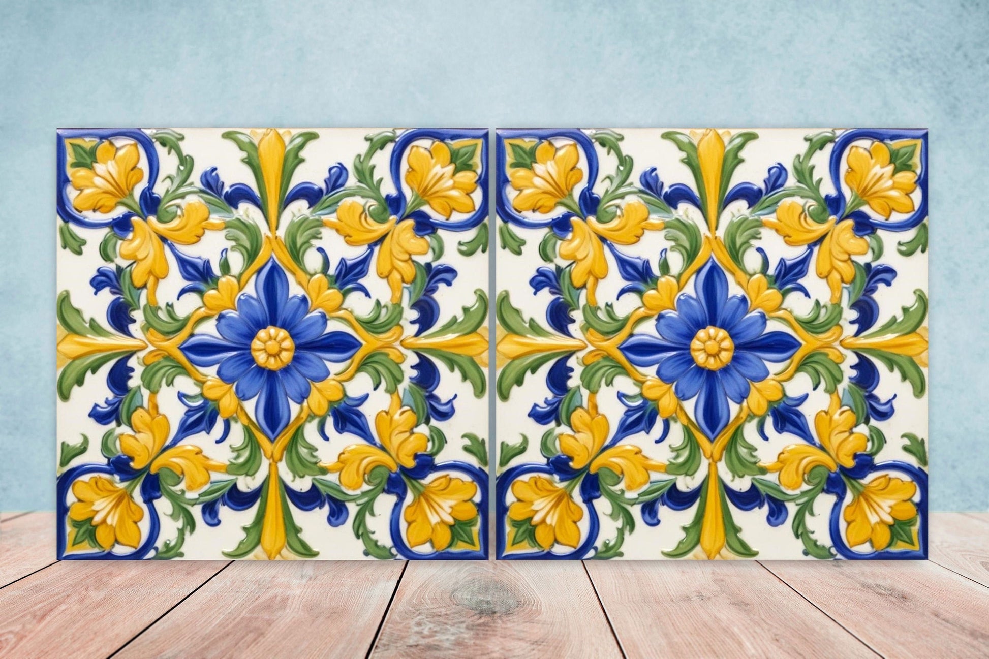 Italian Majolica Tiles - Set of 2 Sicilian Wall Decor Tiles - Kitchen Backsplash Tiles, Table Decorative Tiles, Bathroom Tiles, Coaster