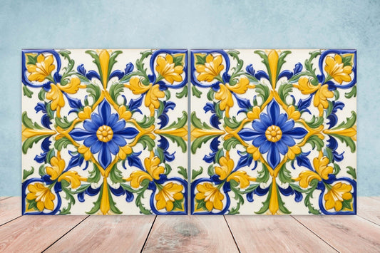 Italian Majolica Tiles - Set of 2 Sicilian Wall Decor Tiles - Kitchen Backsplash Tiles, Table Decorative Tiles, Bathroom Tiles, Coaster
