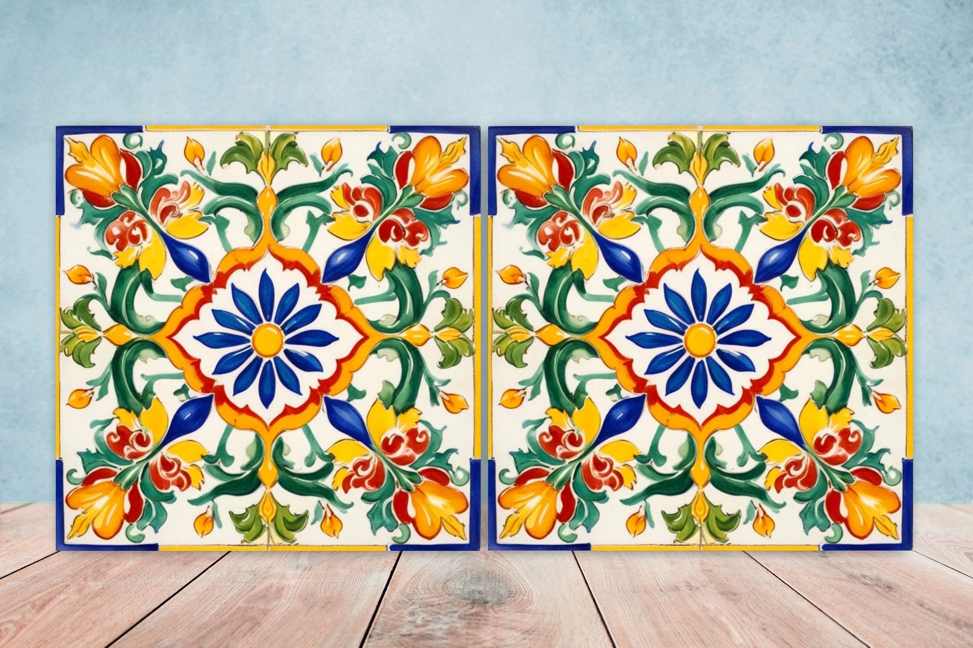 Italian Majolica Tiles - Set of 2 Sicilian Wall Decor Tiles - Kitchen Backsplash Tiles, Table Decorative Tiles, Bathroom Tiles, Coaster