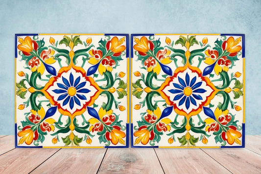 Italian Majolica Tiles - Set of 2 Sicilian Wall Decor Tiles - Kitchen Backsplash Tiles, Table Decorative Tiles, Bathroom Tiles, Coaster