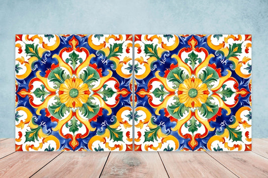 Italian Majolica Tiles - Set of 2 Sicilian Wall Decor Tiles - Kitchen Backsplash Tiles, Table Decorative Tiles, Bathroom Tiles, Coaster