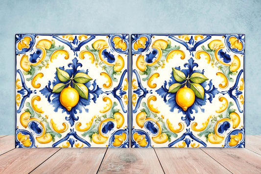 Italian Majolica Lemon Tiles - Set of 2 Italian Wall Decor Tiles - Kitchen Backsplash Tiles, Table Decorative Tiles, Bathroom Tiles, Coaster