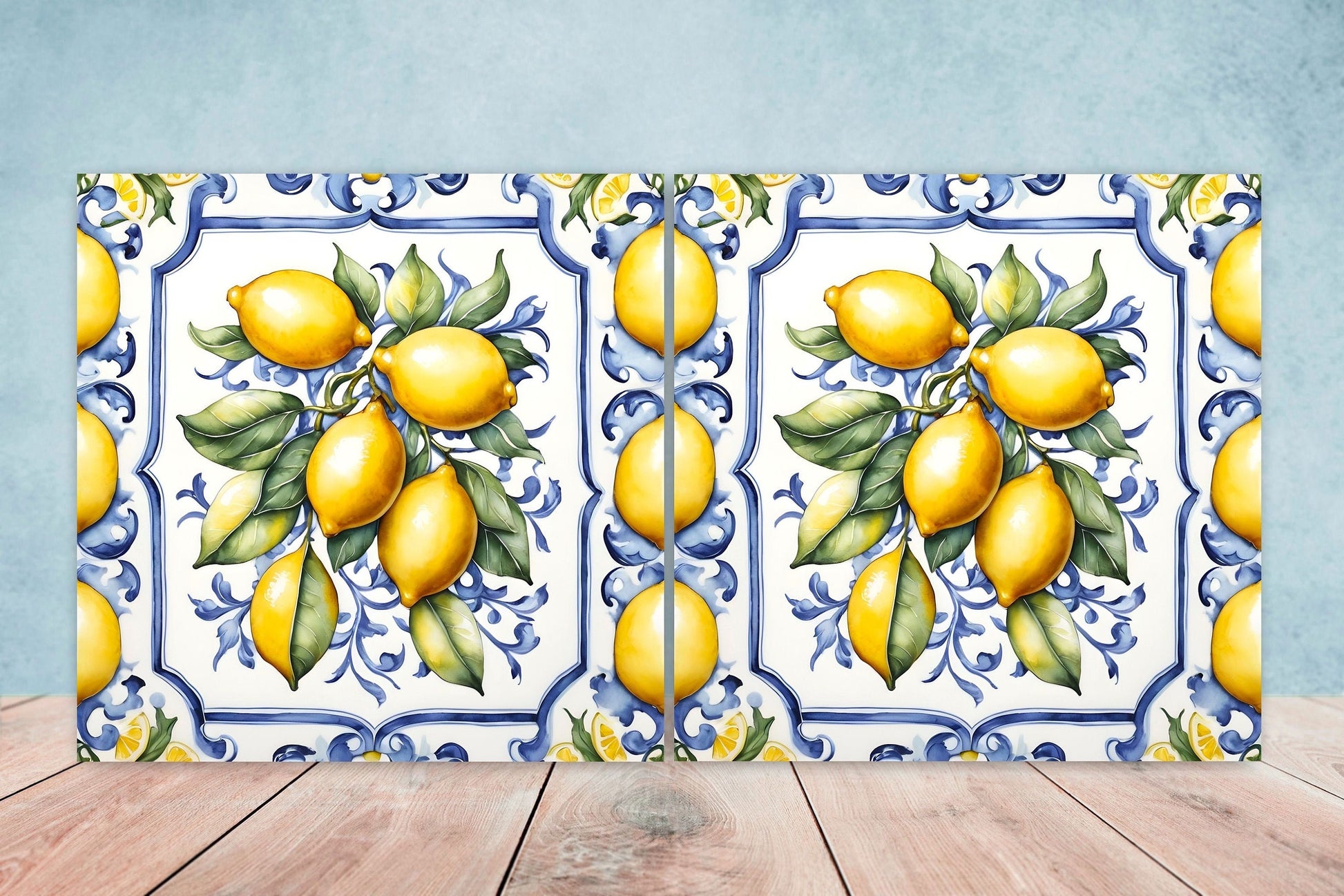 Italian Majolica Lemon Tiles - Set of 2 Italian Wall Decor Tiles - Kitchen Backsplash Tiles, Table Decorative Tiles, Bathroom Tiles, Coaster