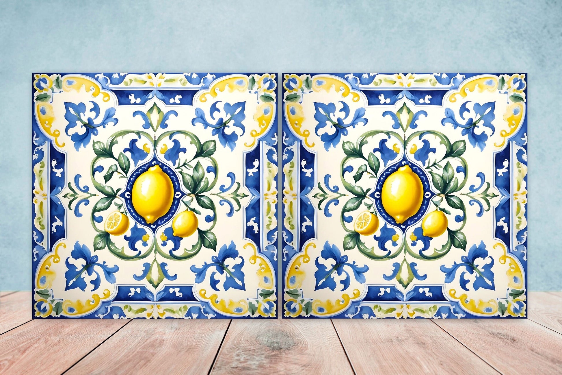 Italian Majolica Lemon Tiles - Set of 2 Italian Wall Decor Tiles - Kitchen Backsplash Tiles, Table Decorative Tiles, Bathroom Tiles, Coaster