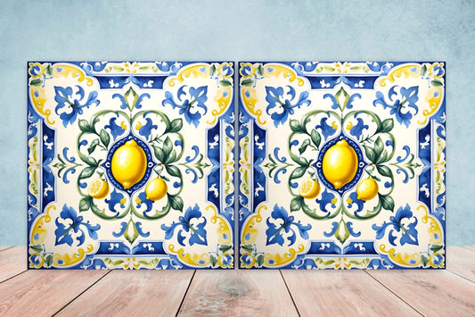 Italian Majolica Lemon Tiles - Set of 2 Italian Wall Decor Tiles - Kitchen Backsplash Tiles, Table Decorative Tiles, Bathroom Tiles, Coaster