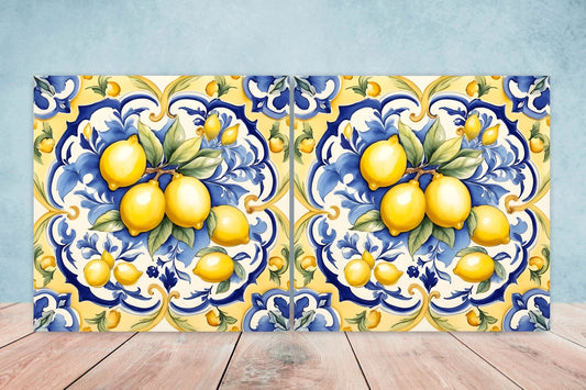 Italian Majolica Lemon Tiles - Set of 2 Italian Wall Decor Tiles - Kitchen Backsplash Tiles, Table Decorative Tiles, Bathroom Tiles, Coaster